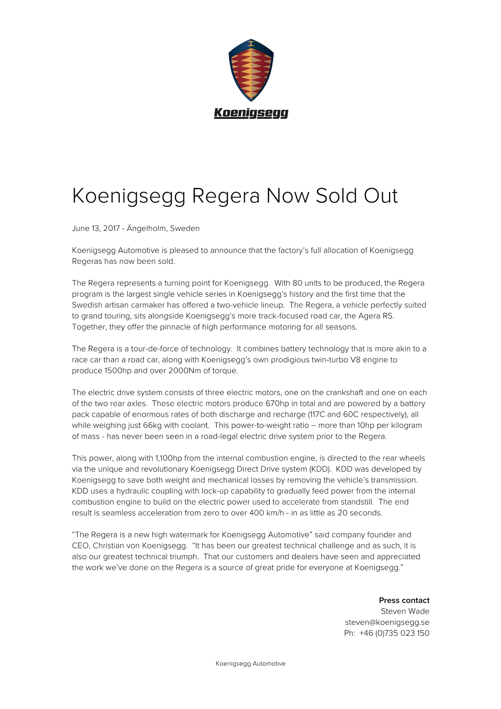 Koenigsegg Regera Now Sold Out