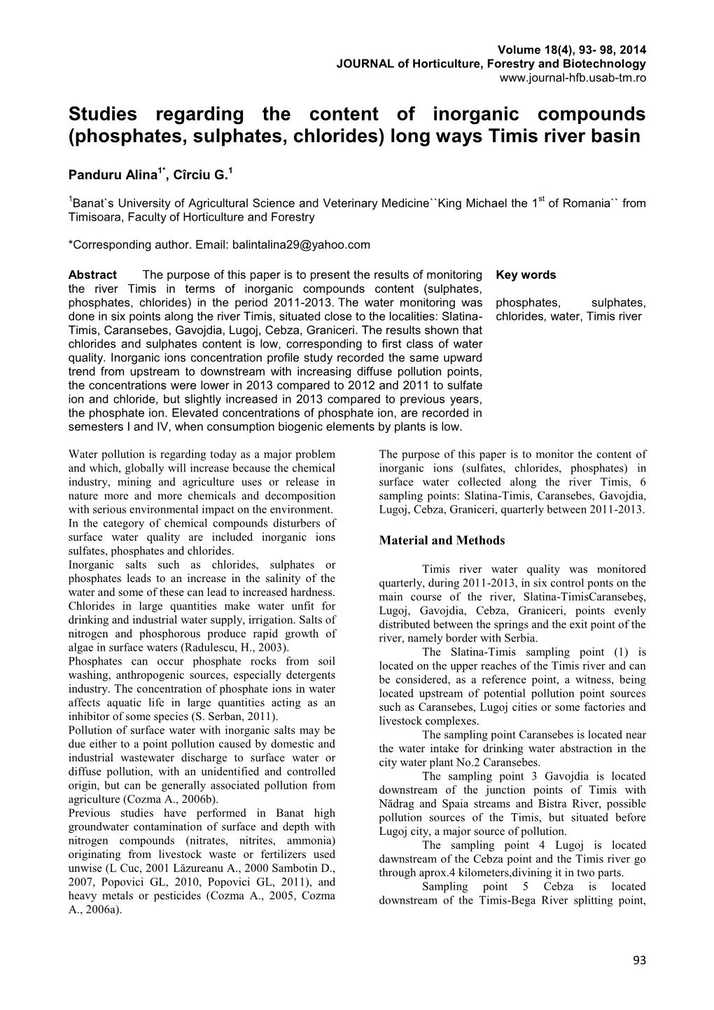 Studies Regarding the Content of Inorganic Compounds (Phosphates, Sulphates, Chlorides) Long Ways Timis River Basin