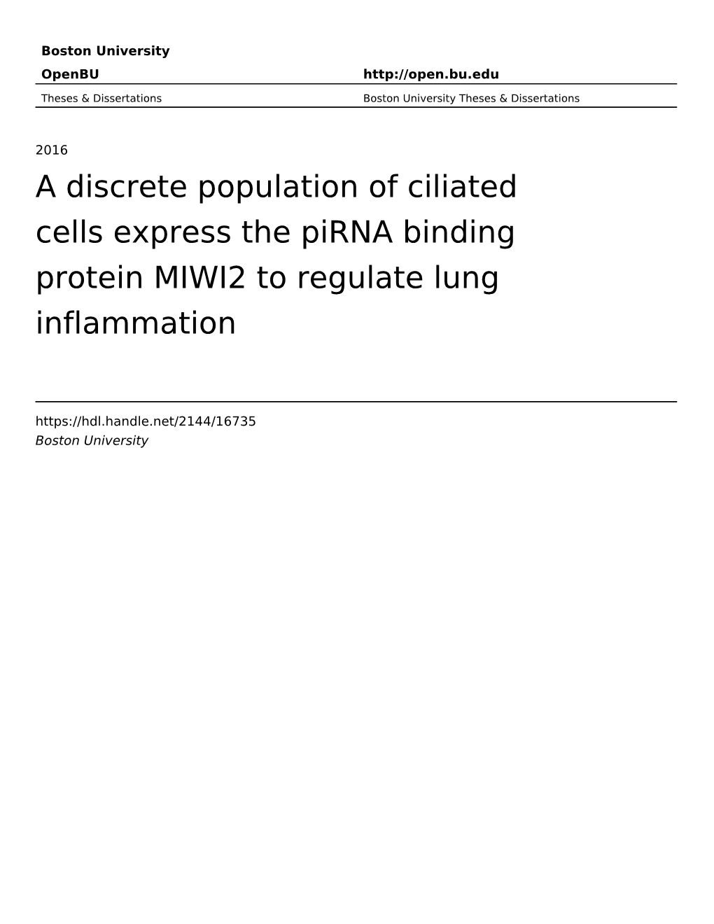 A Discrete Population of Ciliated Cells Express the Pirna Binding Protein MIWI2 to Regulate Lung Inflammation