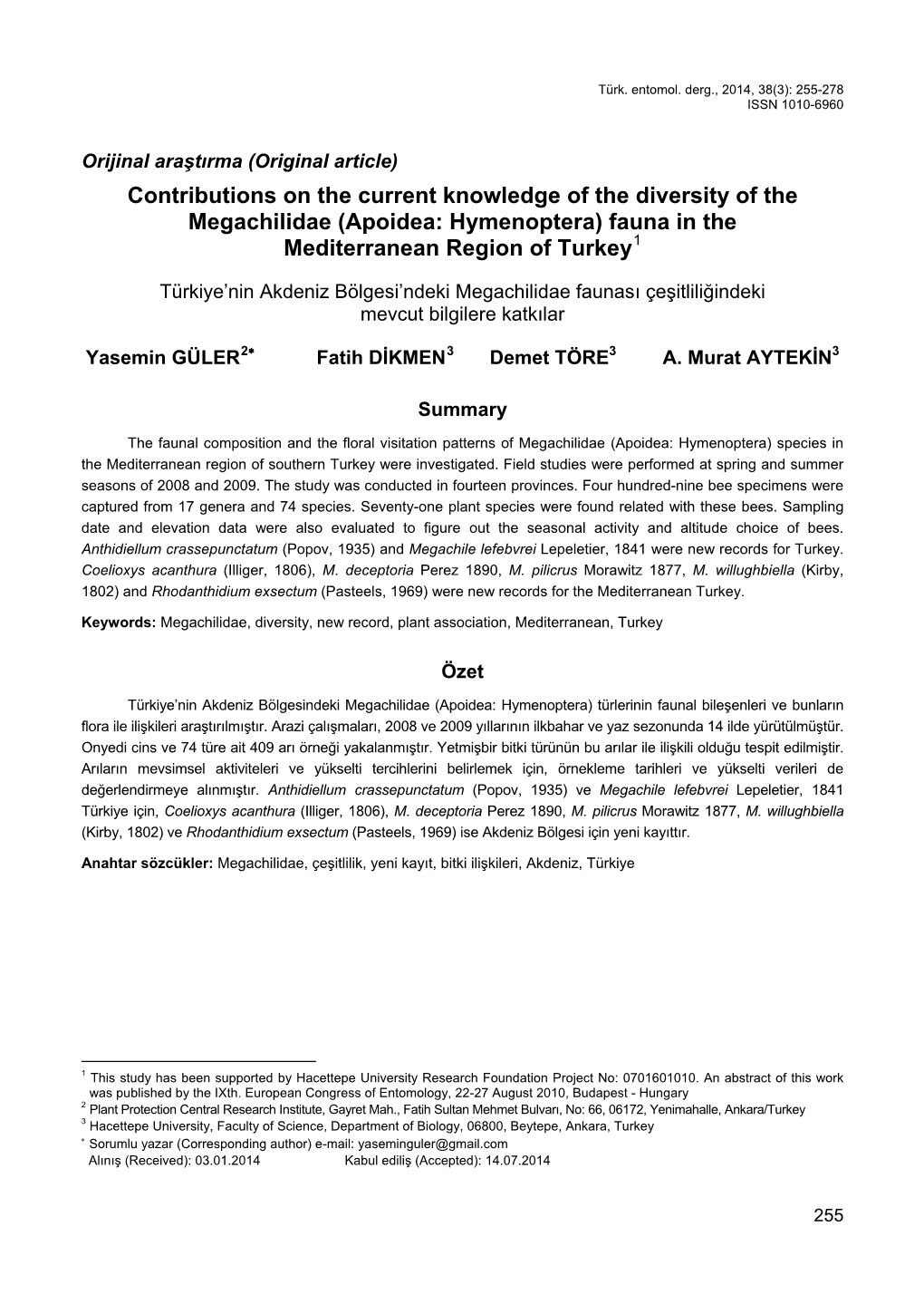 Apoidea: Hymenoptera) Fauna in the Mediterranean Region of Turkey1