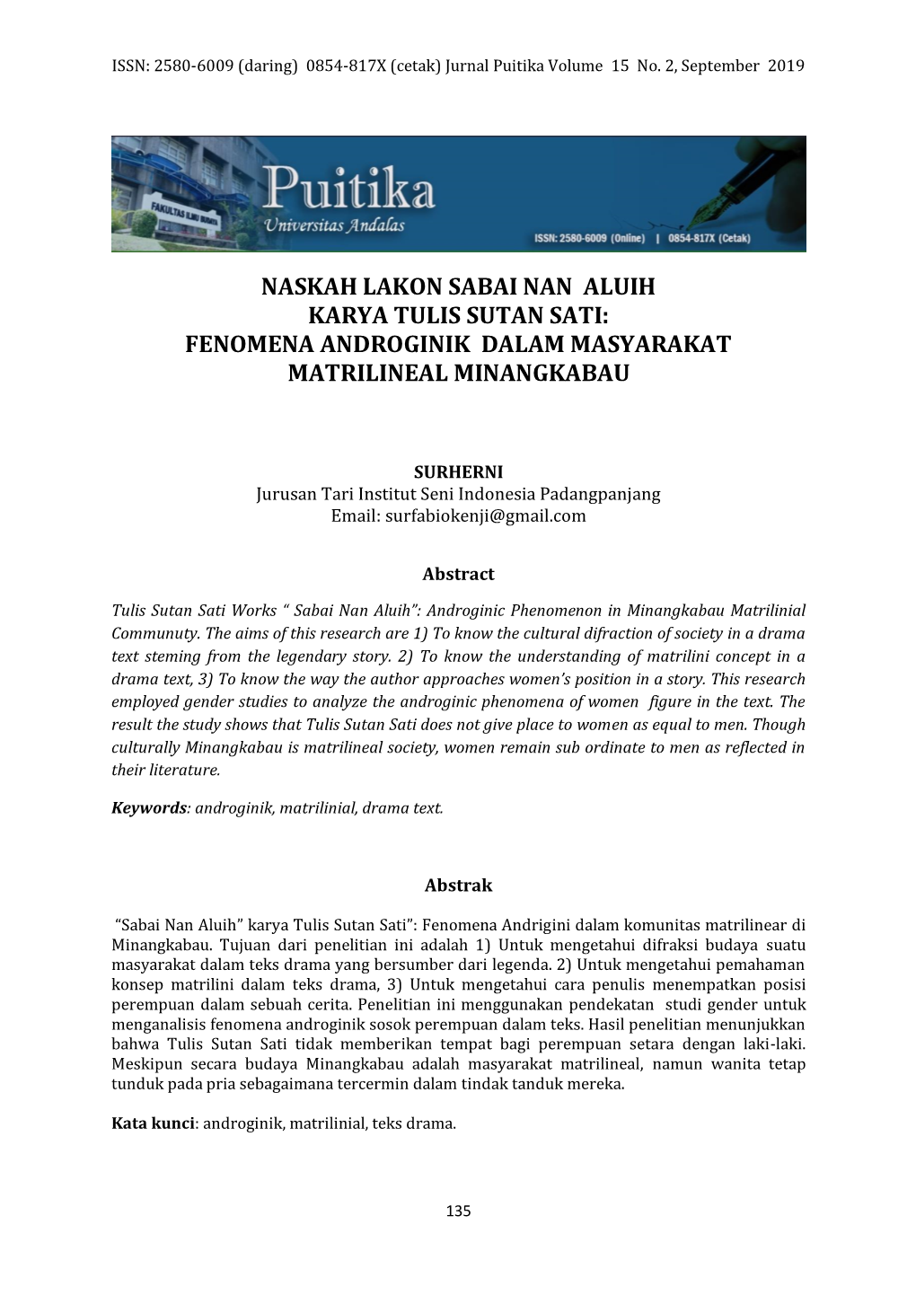 Naskah Lakon Sabai Nan Aluih Karya Tulis Sutan Sati: Fenomena Androginik Dalam Masyarakat Matrilineal Minangkabau