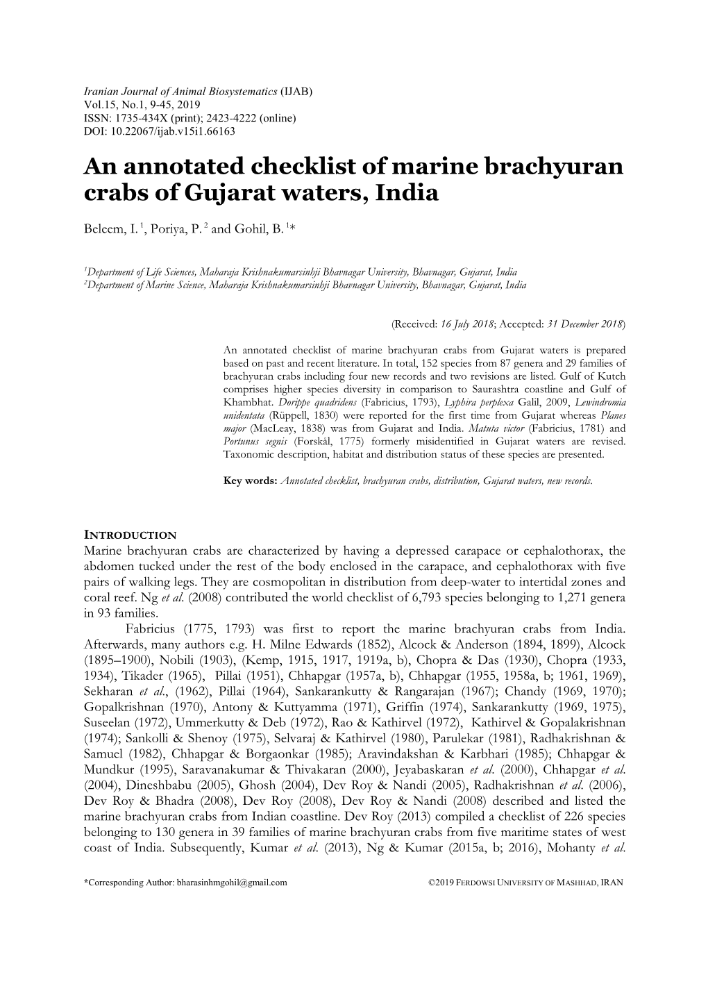An Annotated Checklist of Marine Brachyuran Crabs of Gujarat Waters, India