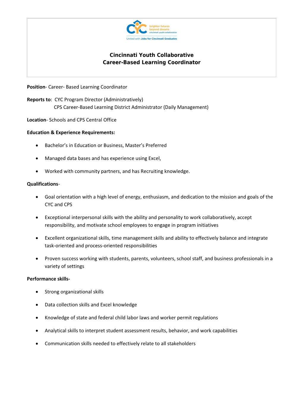 Cincinnati Youth Collaborative Career-Based Learning Coordinator