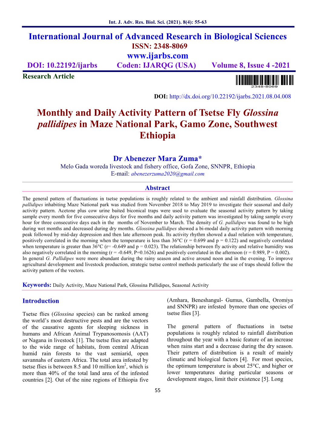 Monthly and Daily Activity Pattern of Tsetse Fly Glossina Pallidipes in Maze National Park, Gamo Zone, Southwest Ethiopia