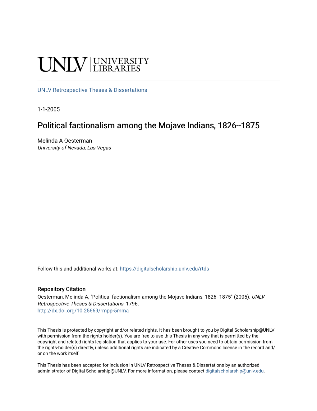 Political Factionalism Among the Mojave Indians, 1826--1875