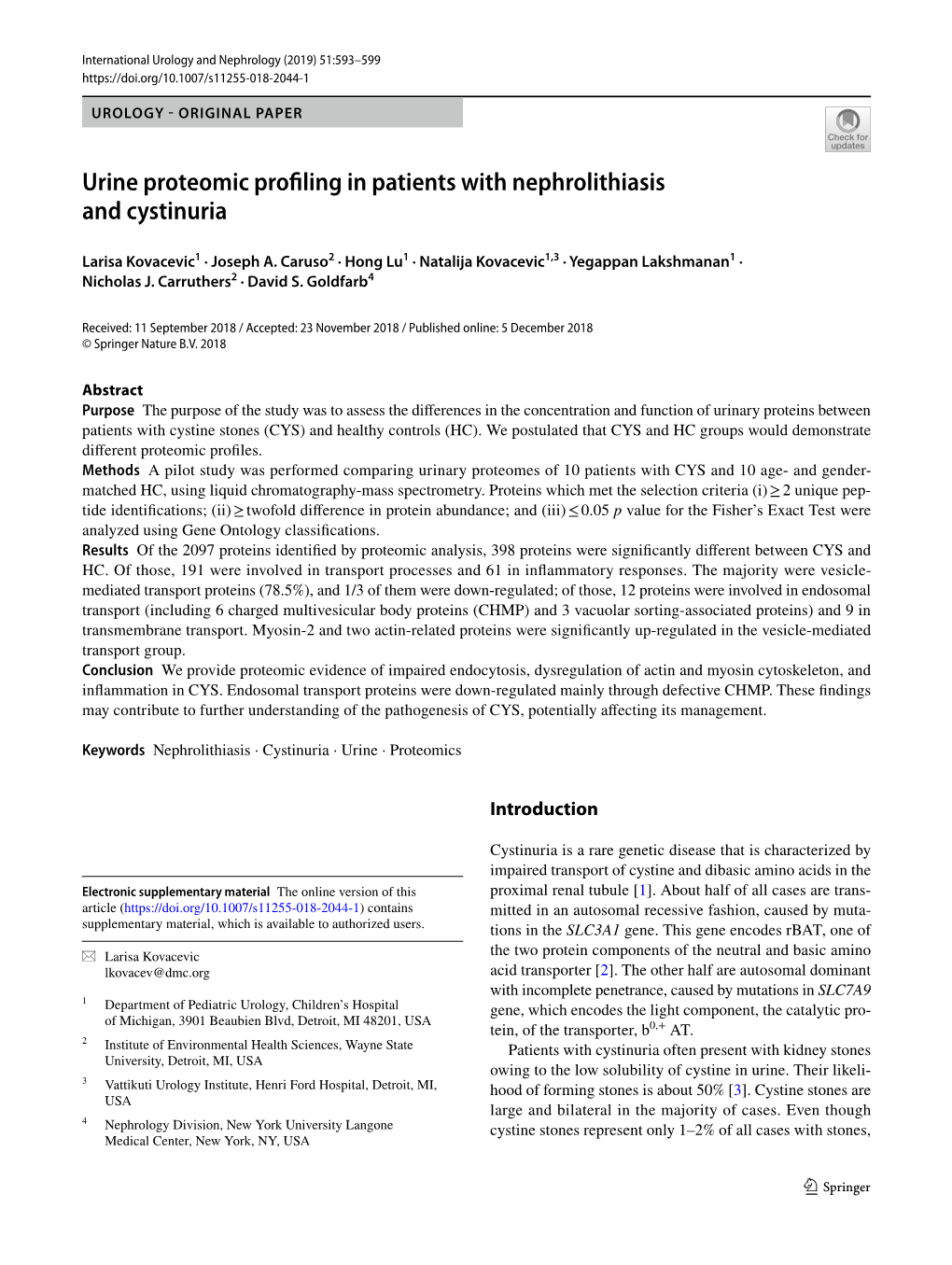 Urine Proteomic Profiling in Patients with Nephrolithiasis and Cystinuria
