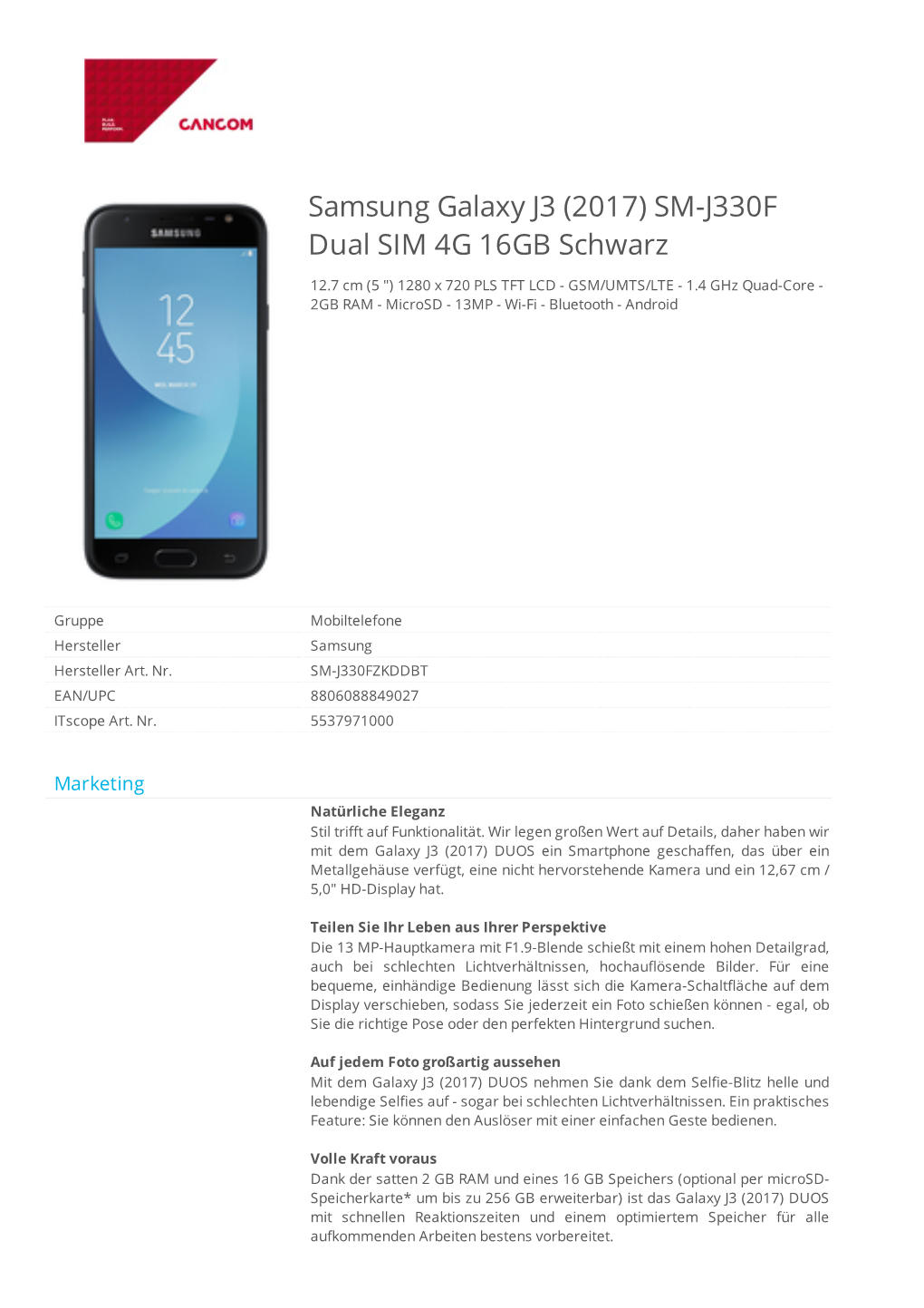 Samsung Galaxy J3 (2017) SM-J330F Dual SIM 4G 16GB Schwarz