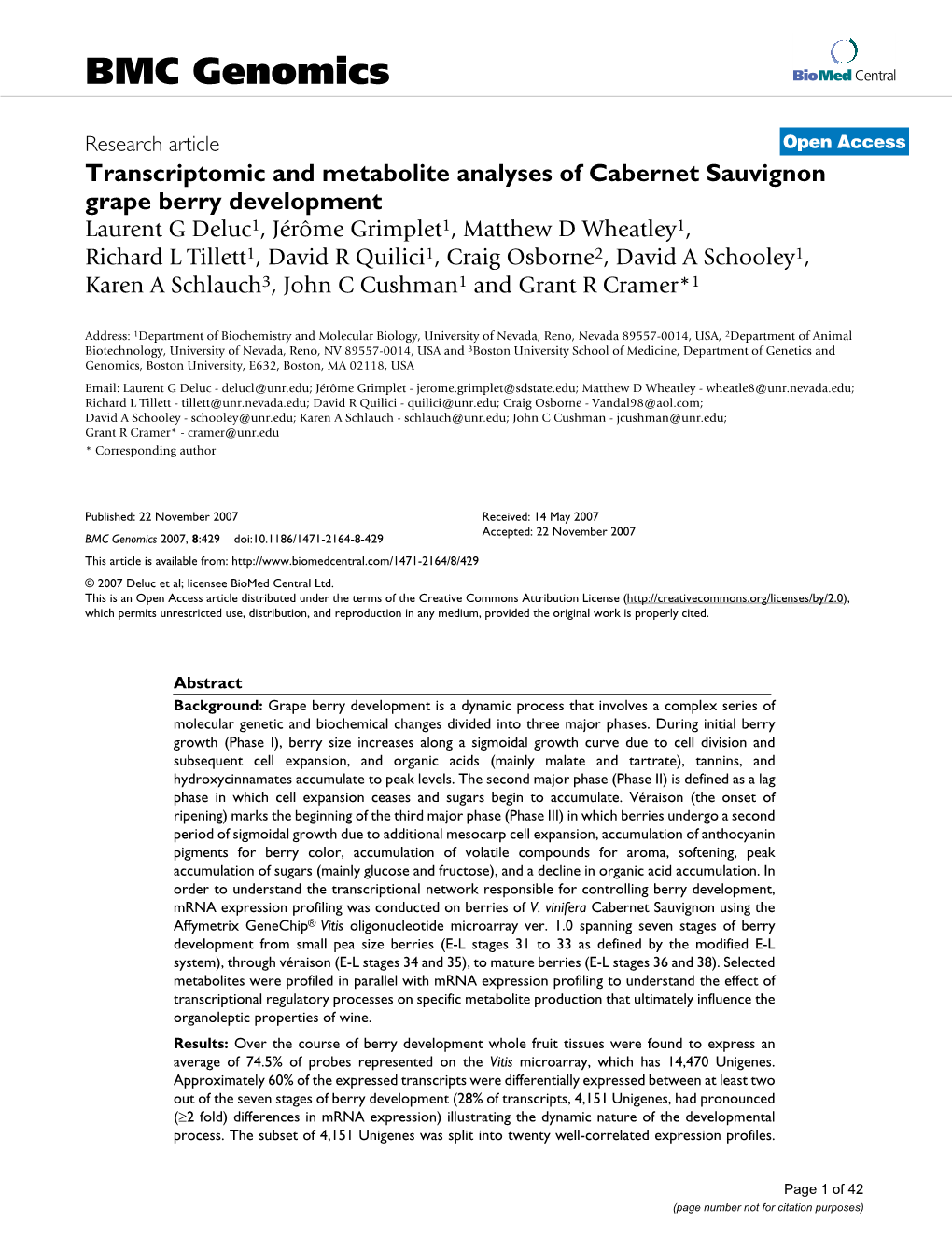 Transcriptomic and Metabolite Analyses of Cabernet Sauvignon