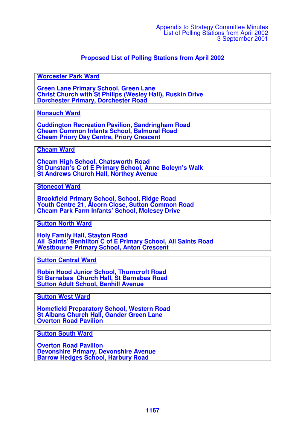 Appendix to Strategy Committee Minutes List of Polling Stations from April 2002 3 September 2001