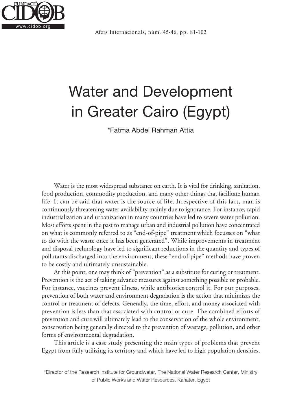 Water and Development in Greater Cairo (Egypt)