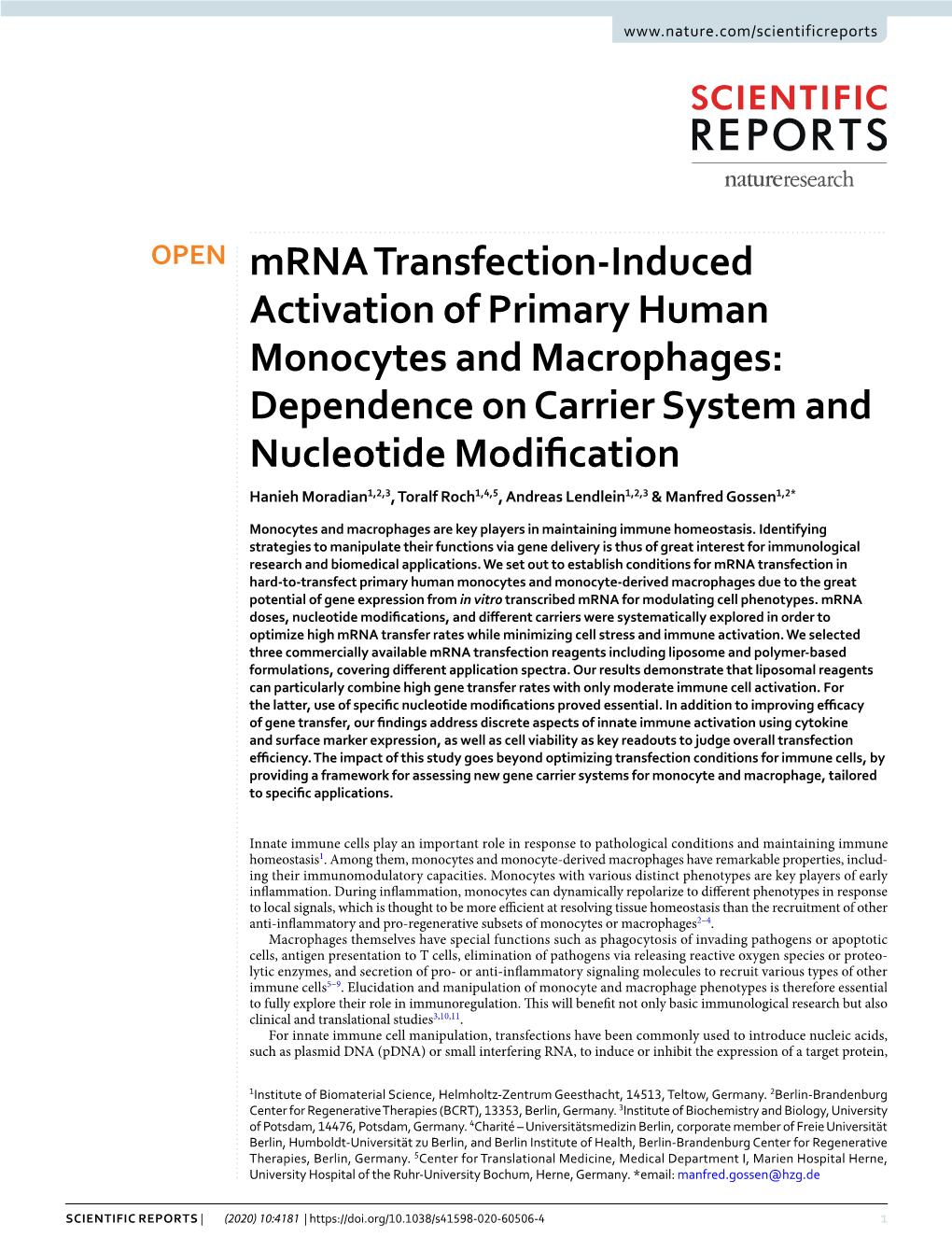 Mrna Transfection-Induced Activation of Primary Human Monocytes And