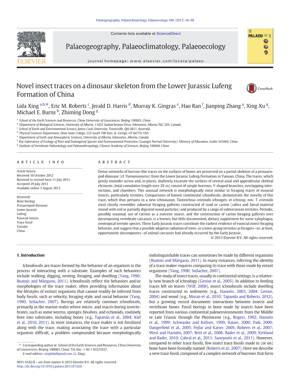 Novel Insect Traces on a Dinosaur Skeleton from the Lower Jurassic Lufeng Formation of China