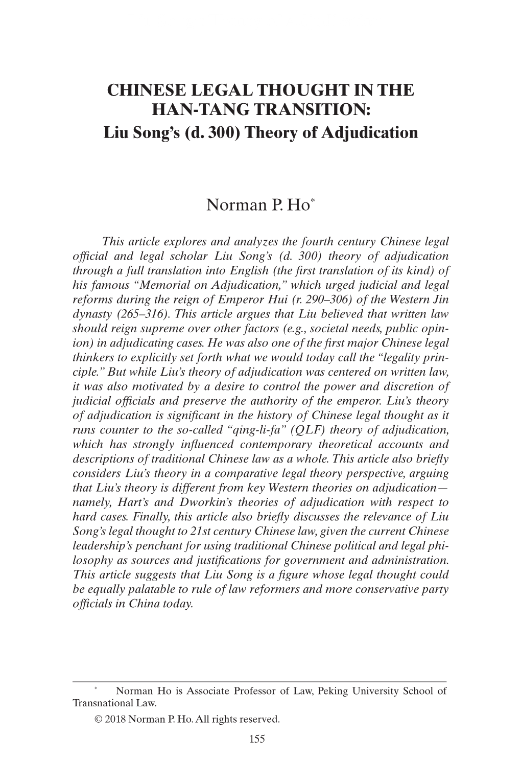 CHINESE LEGAL THOUGHT in the HAN-TANG TRANSITION: Liu Song’S (D