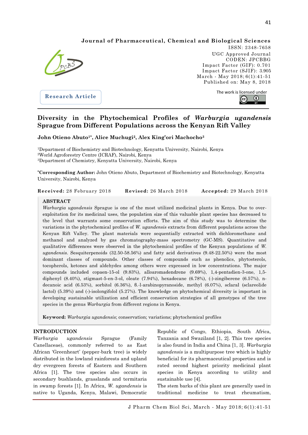 Diversity in the Phytochemical Profiles of Warburgia Ugandensis Sprague from Different Populations Across the Kenyan Rift Valley