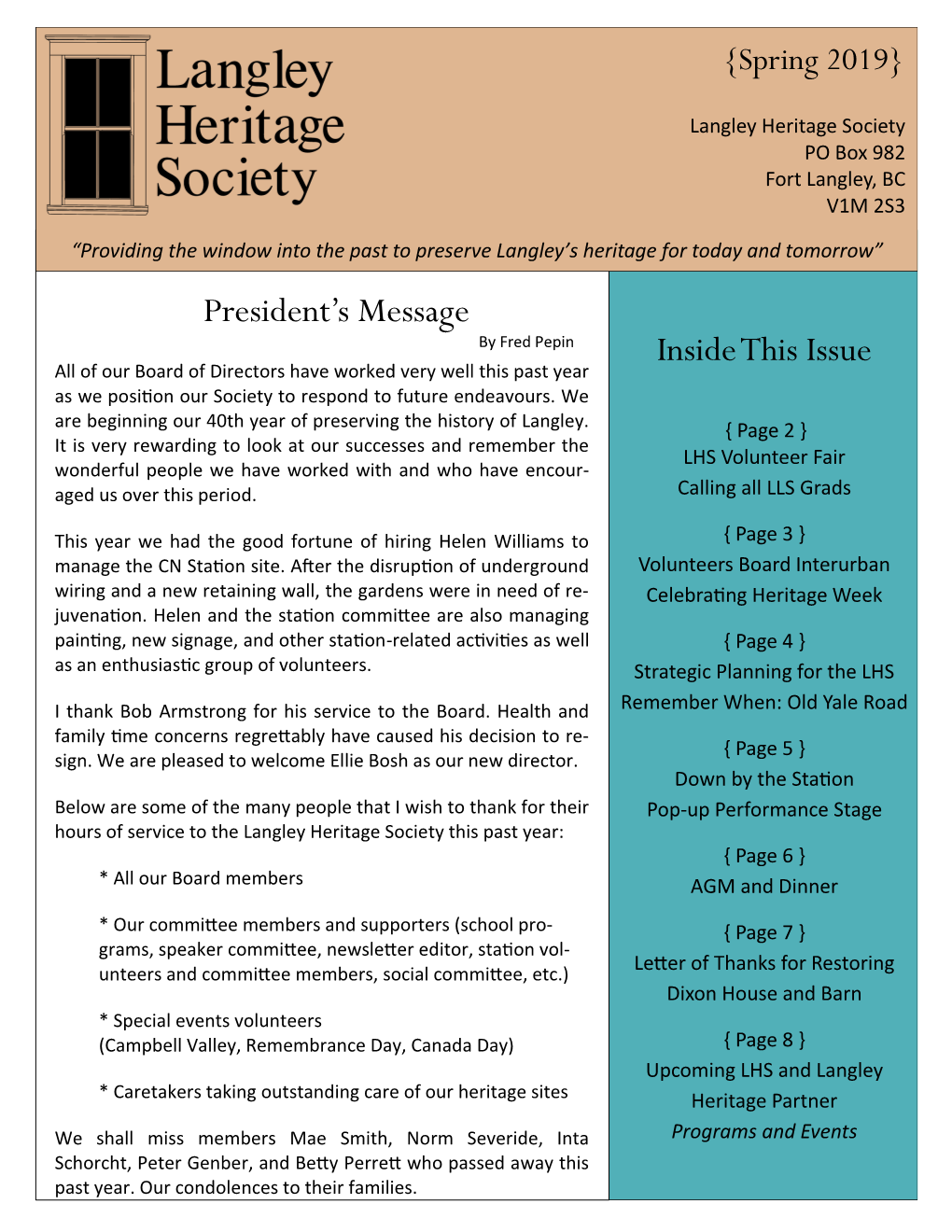 President's Message Inside This Issue