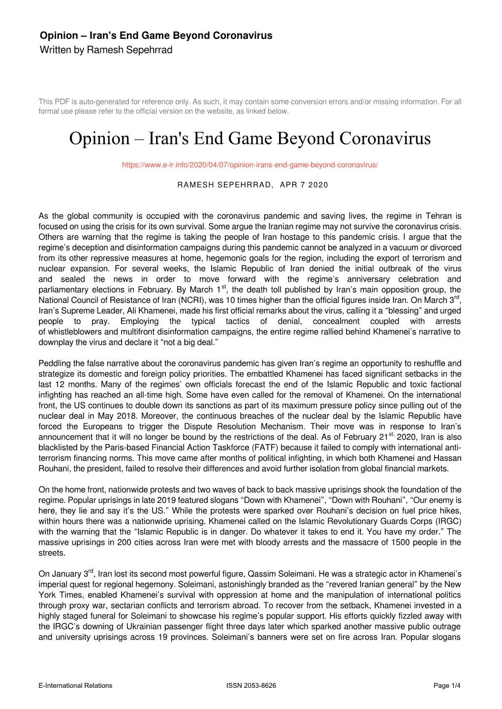 Iran's End Game Beyond Coronavirus Written by Ramesh Sepehrrad