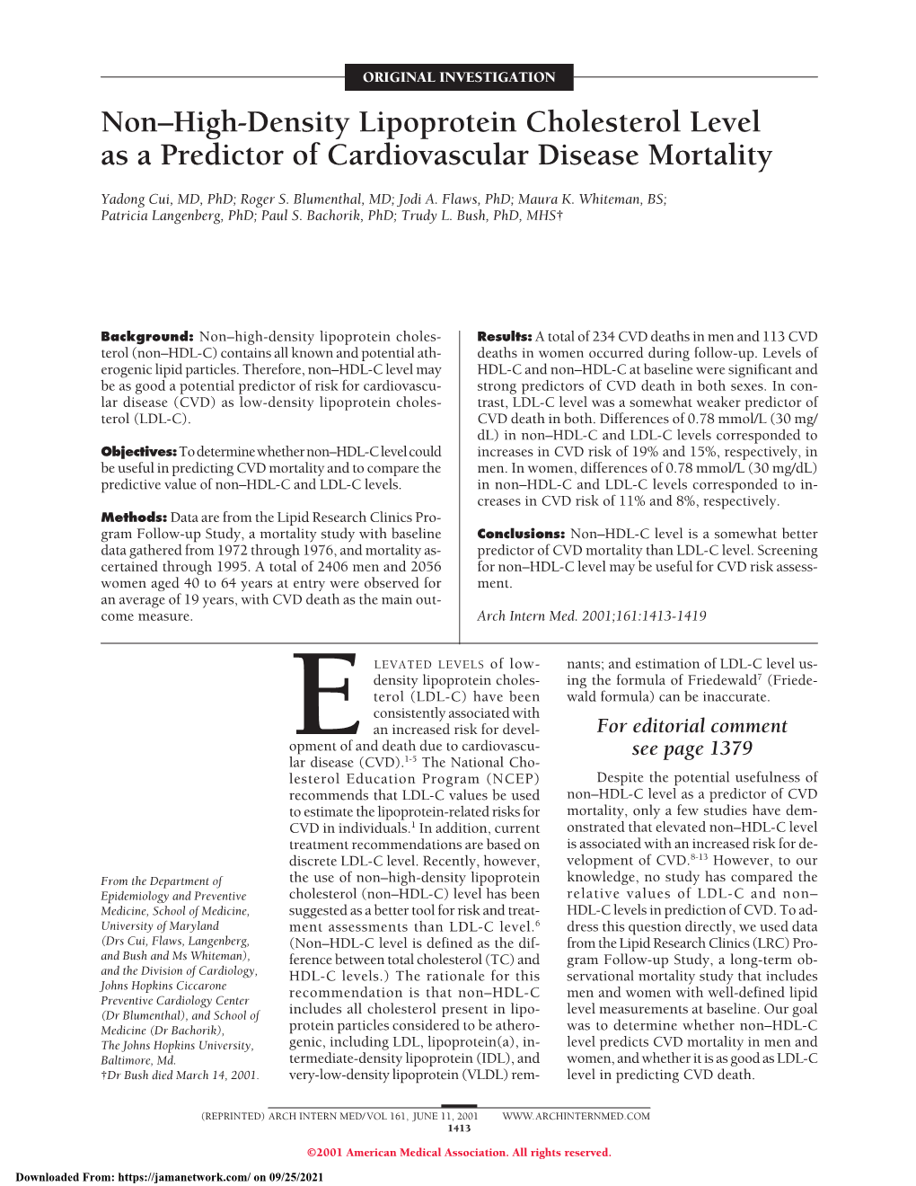 Non High-Density Lipoprotein Cholesterol Level As a Predictor Of