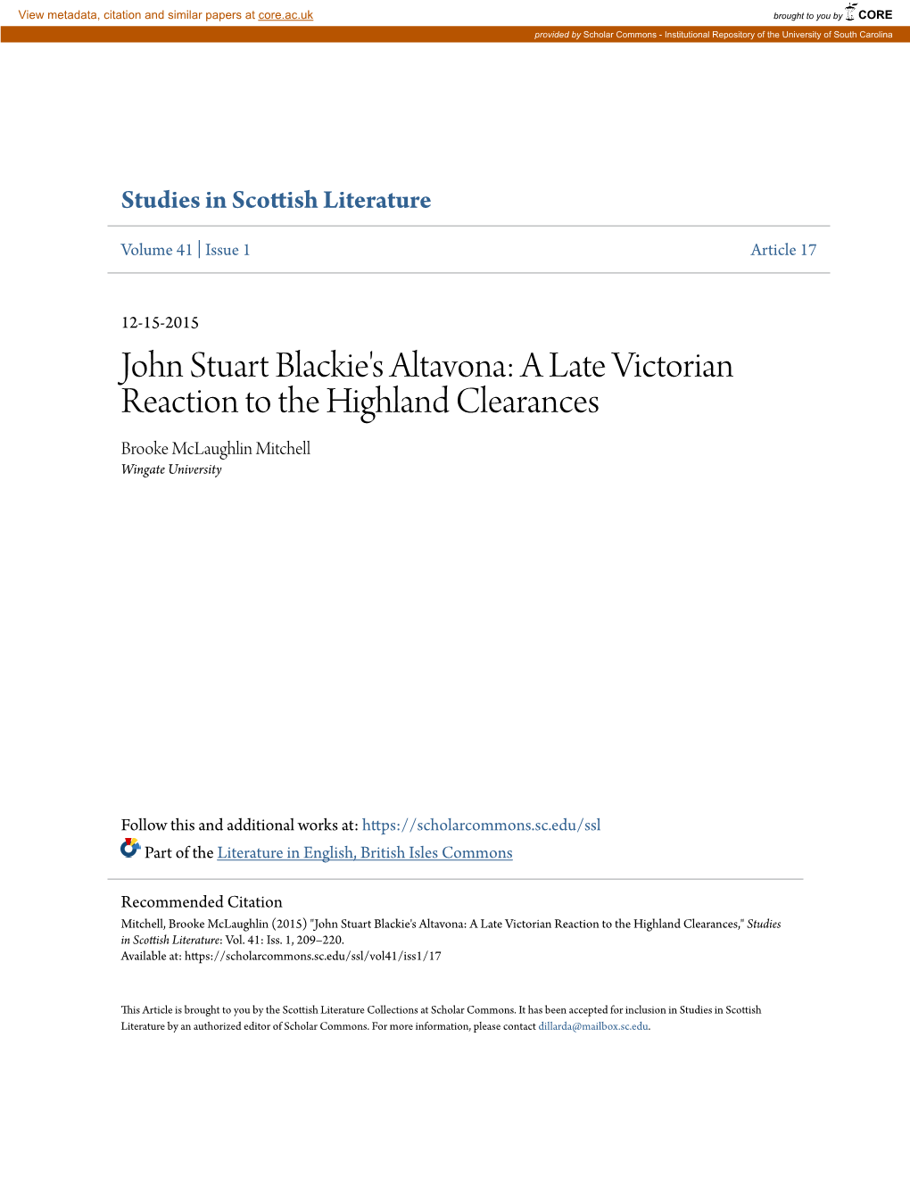 John Stuart Blackie's Altavona: a Late Victorian Reaction to the Highland Clearances Brooke Mclaughlin Mitchell Wingate University