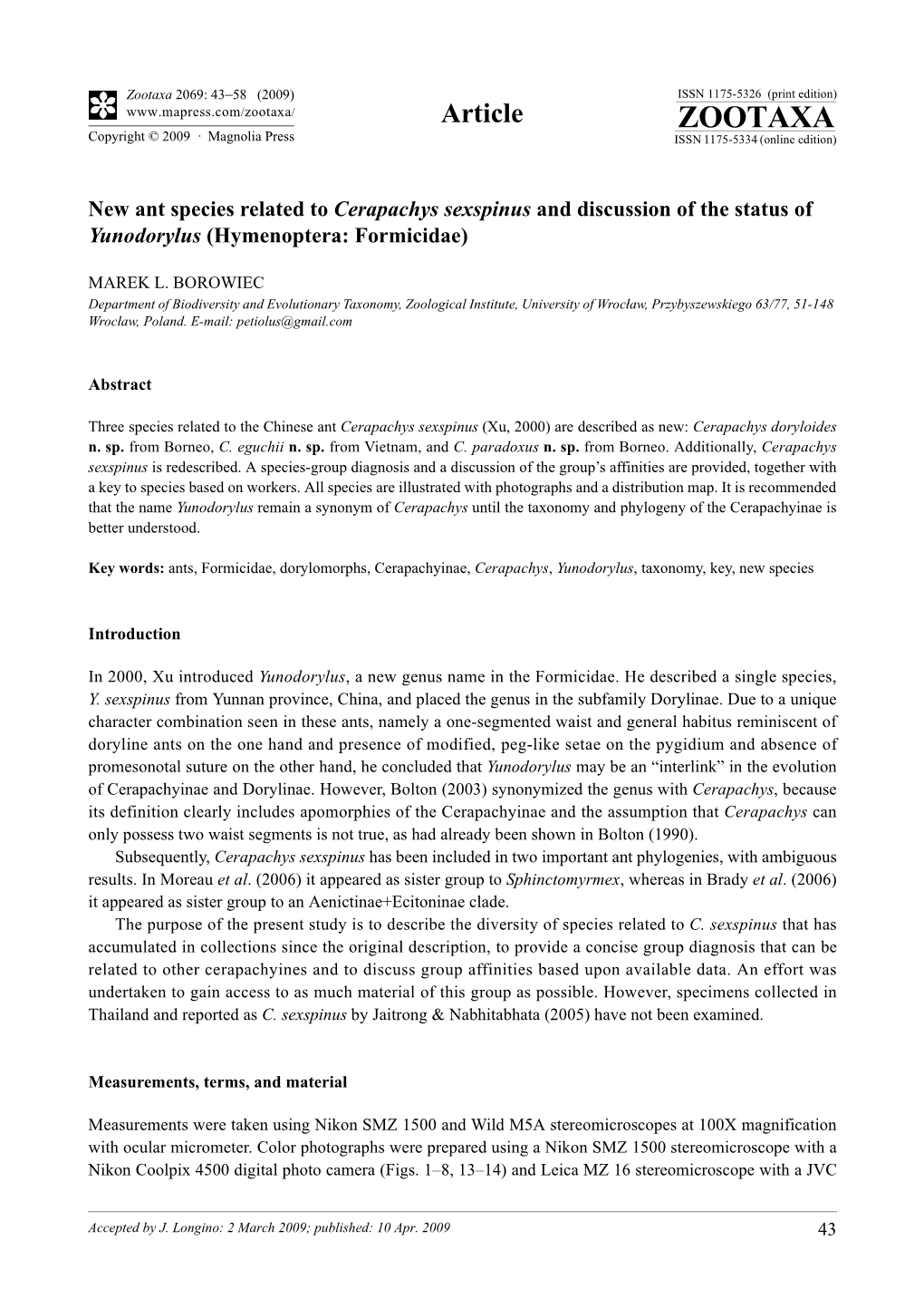 Zootaxa, New Ant Species Related to Cerapachys