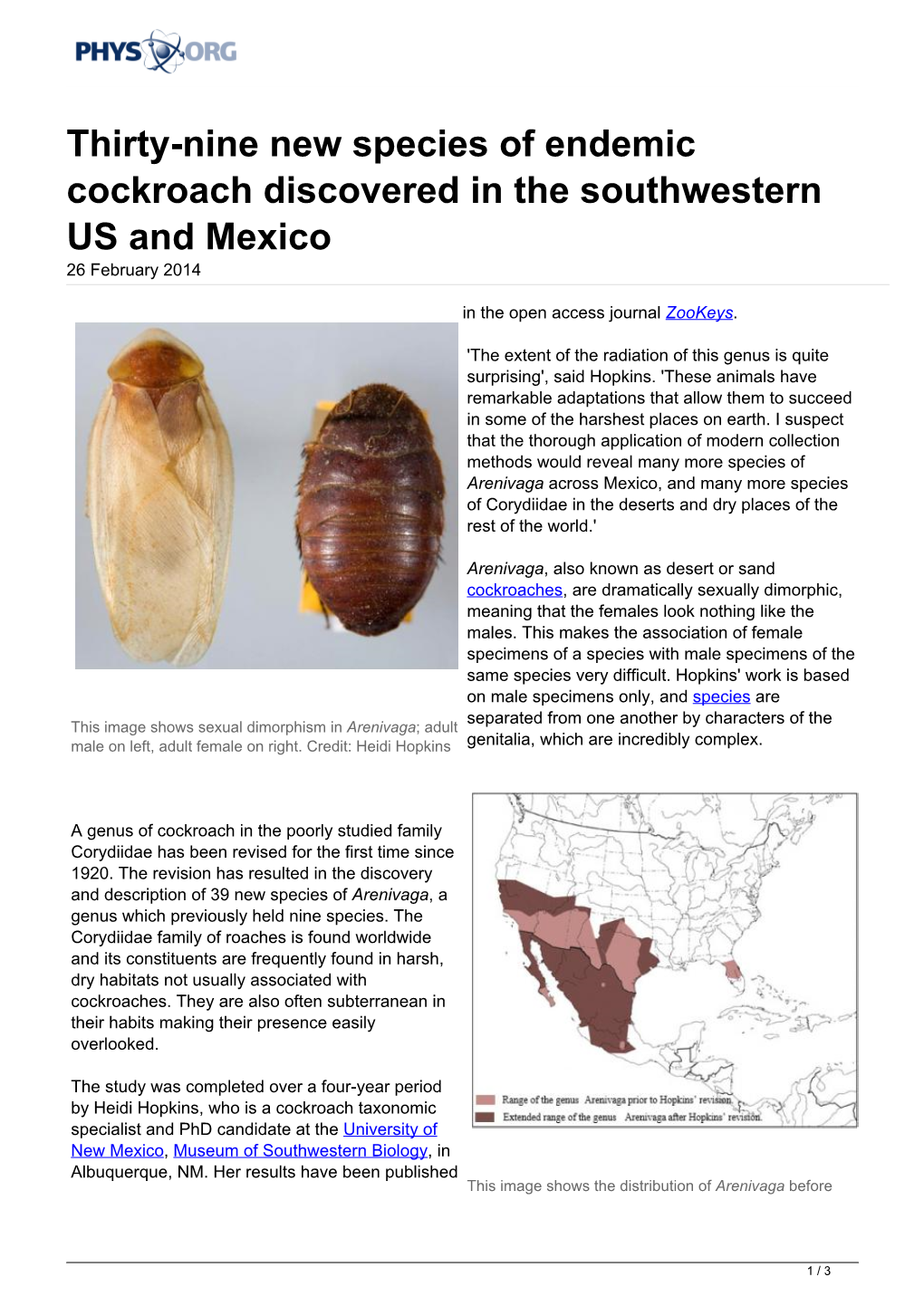 Thirty-Nine New Species of Endemic Cockroach Discovered in the Southwestern US and Mexico 26 February 2014