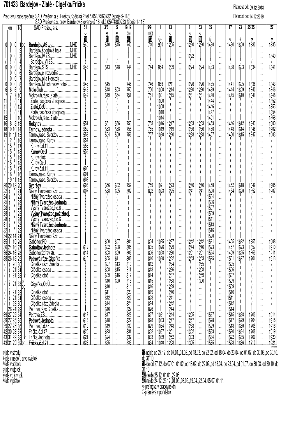 701423 Bardejov - Zlaté - Cige Ka/Fri Ka Platnos Ť Od: 09.12.2018 Prepravu Zabezpe Čuje:SAD Prešov, A.S.,Prešov,Košická 2,Tel