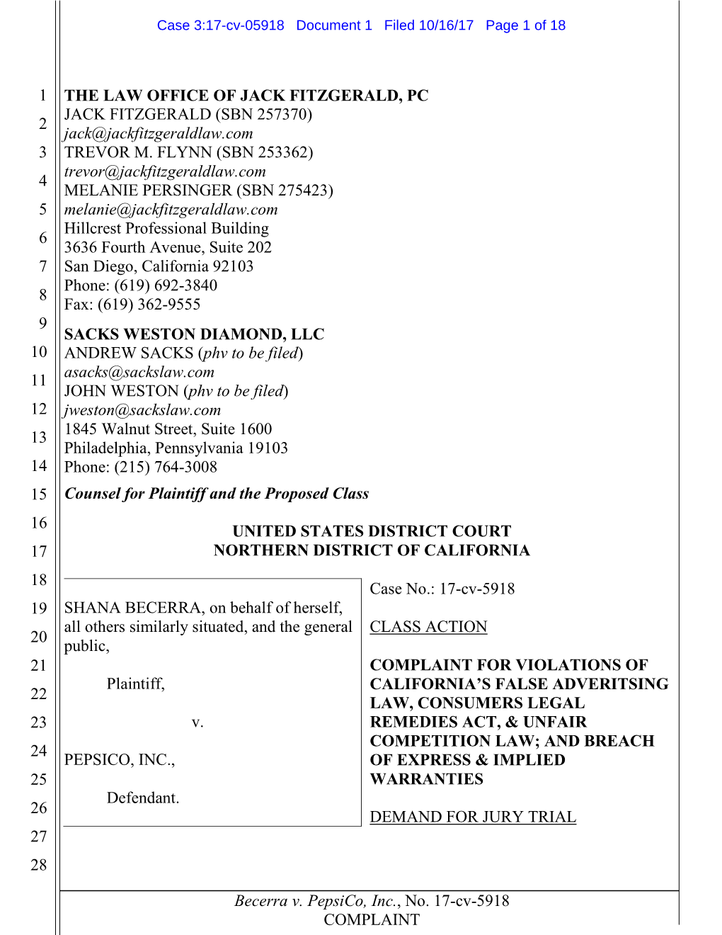 Becerra V. Pepsico, Inc., No. 17-Cv-5918 COMPLAINT 1 2 3 4 5 6