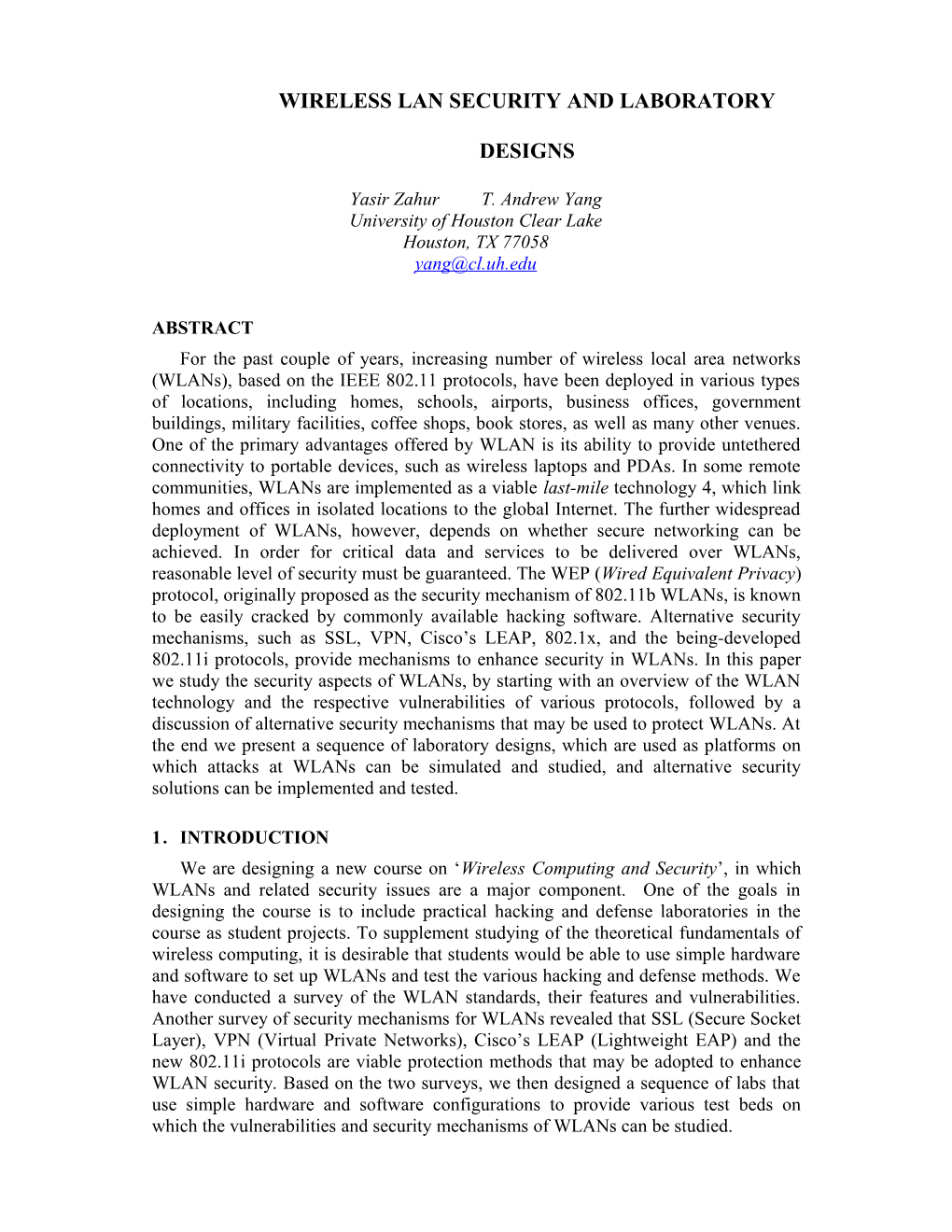 Teaching Wireless Local Area Network Security & Performance