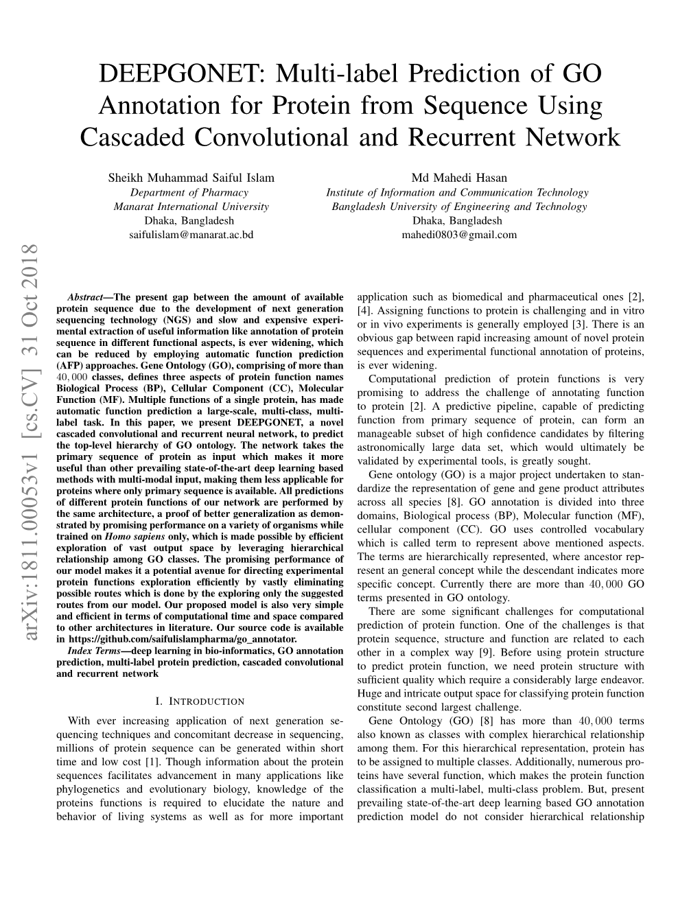 Multi-Label Prediction of GO Annotation for Protein from Sequence Using Cascaded Convolutional and Recurrent Network