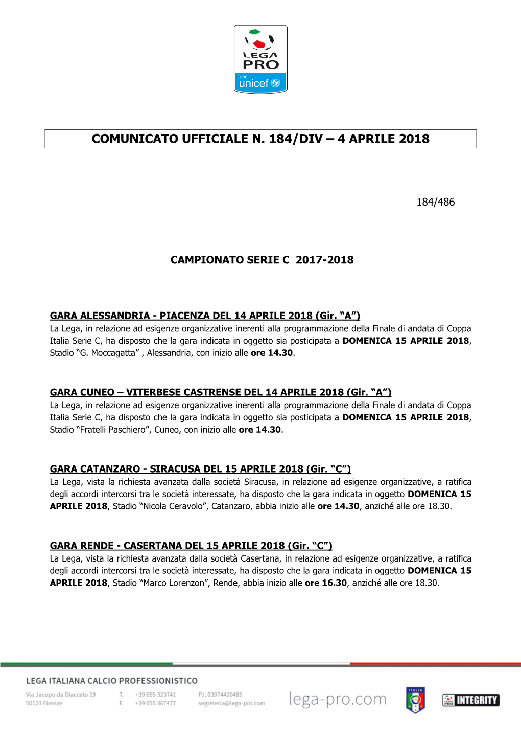 Comunicato Ufficiale N. 184/Div – 4 Aprile 2018