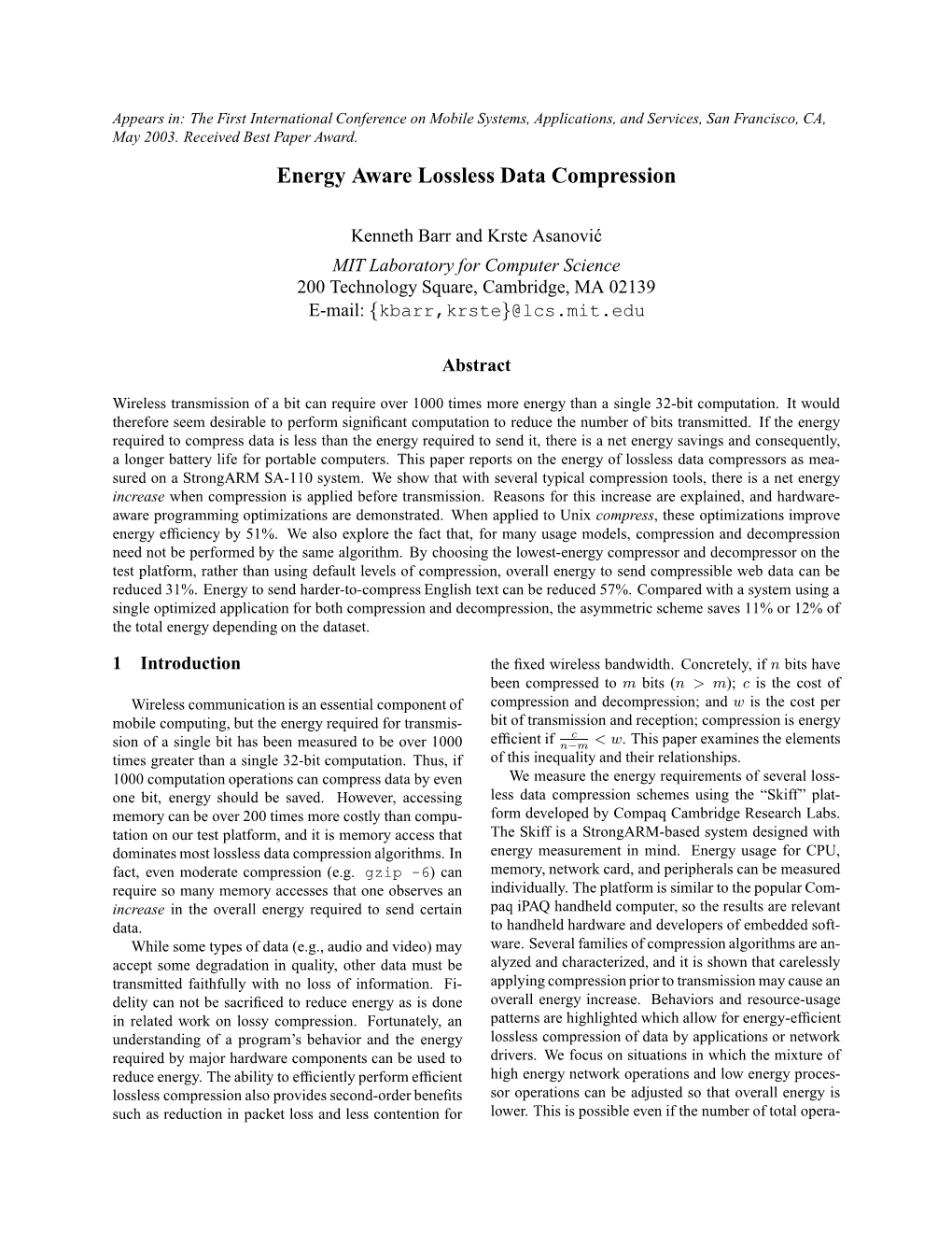 Energy Aware Lossless Data Compression