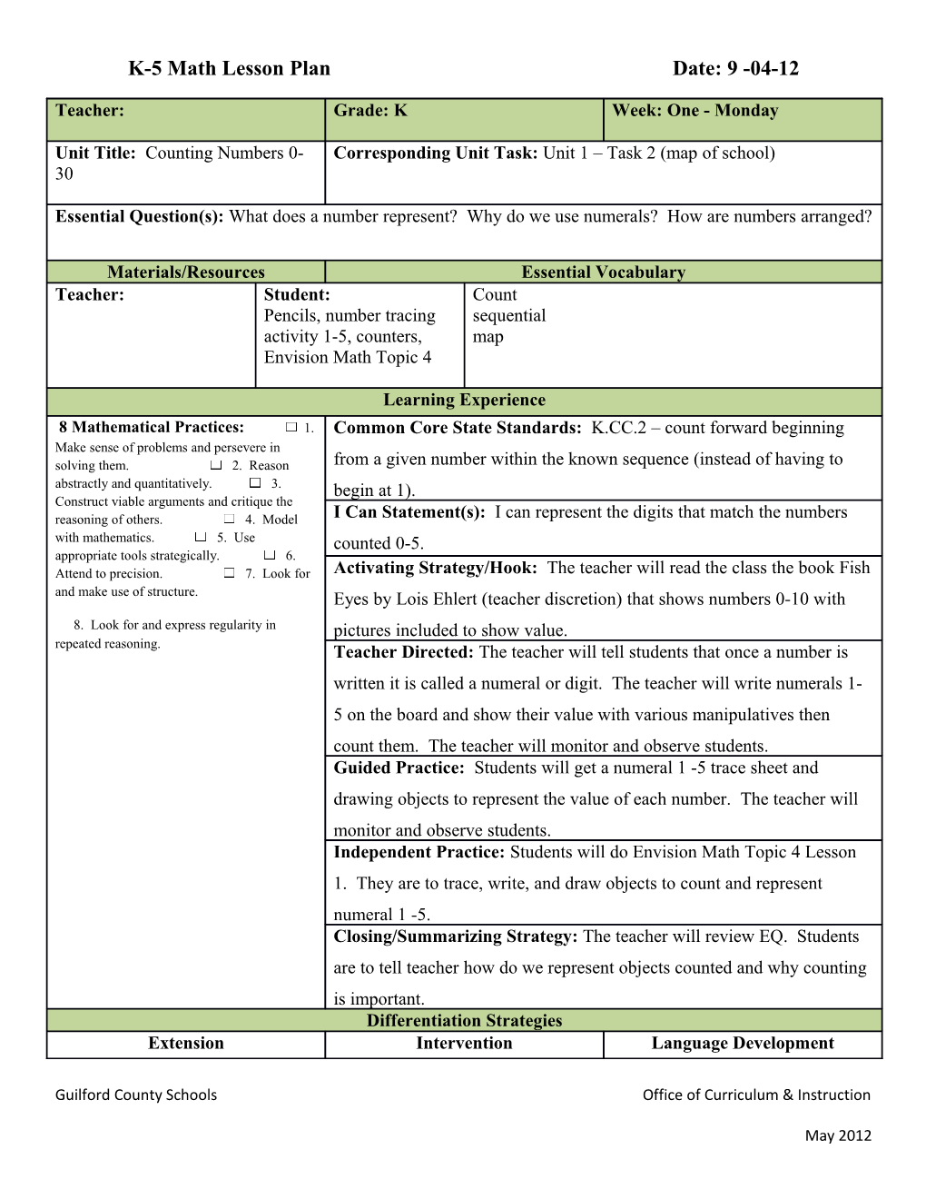 K-5 Math Lesson Plan s1