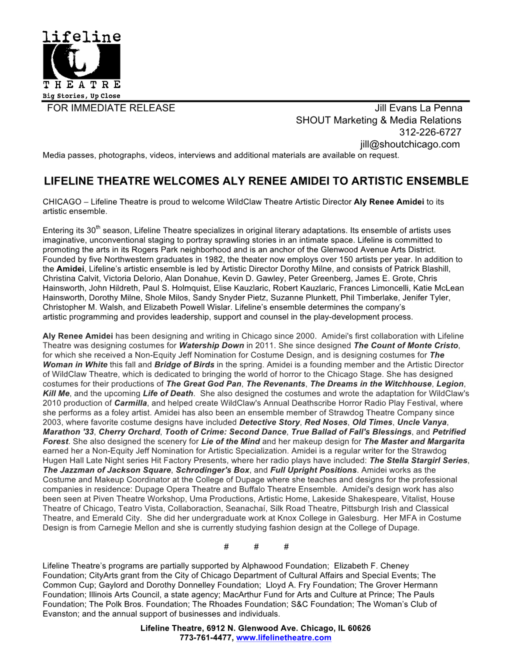 Lifeline Theatre Welcomes Aly Renee Amidei to Artistic Ensemble