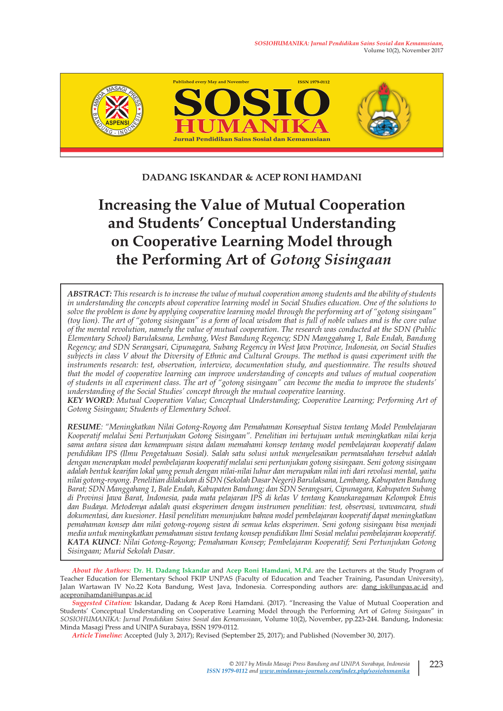 Increasing the Value of Mutual Cooperation and Students’ Conceptual Understanding on Cooperative Learning Model Through the Performing Art of Gotong Sisingaan