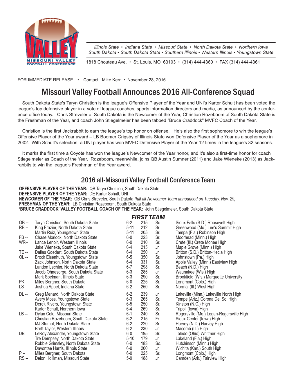 Missouri Valley Football Announces 2016 All-Conference Squad