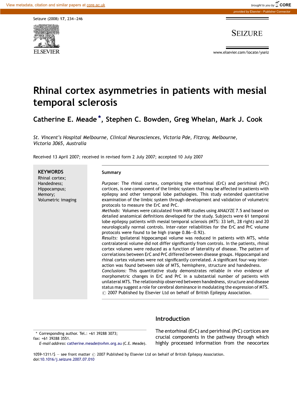 Rhinal Cortex Asymmetries in Patients with Mesial Temporal Sclerosis