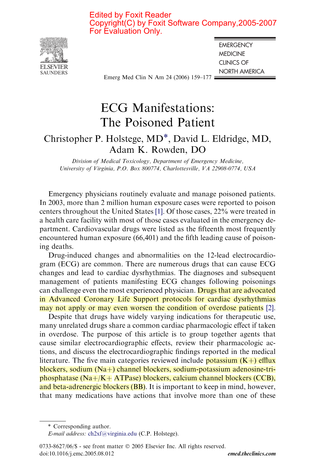 ECG Manifestations: the Poisoned Patient Christopher P