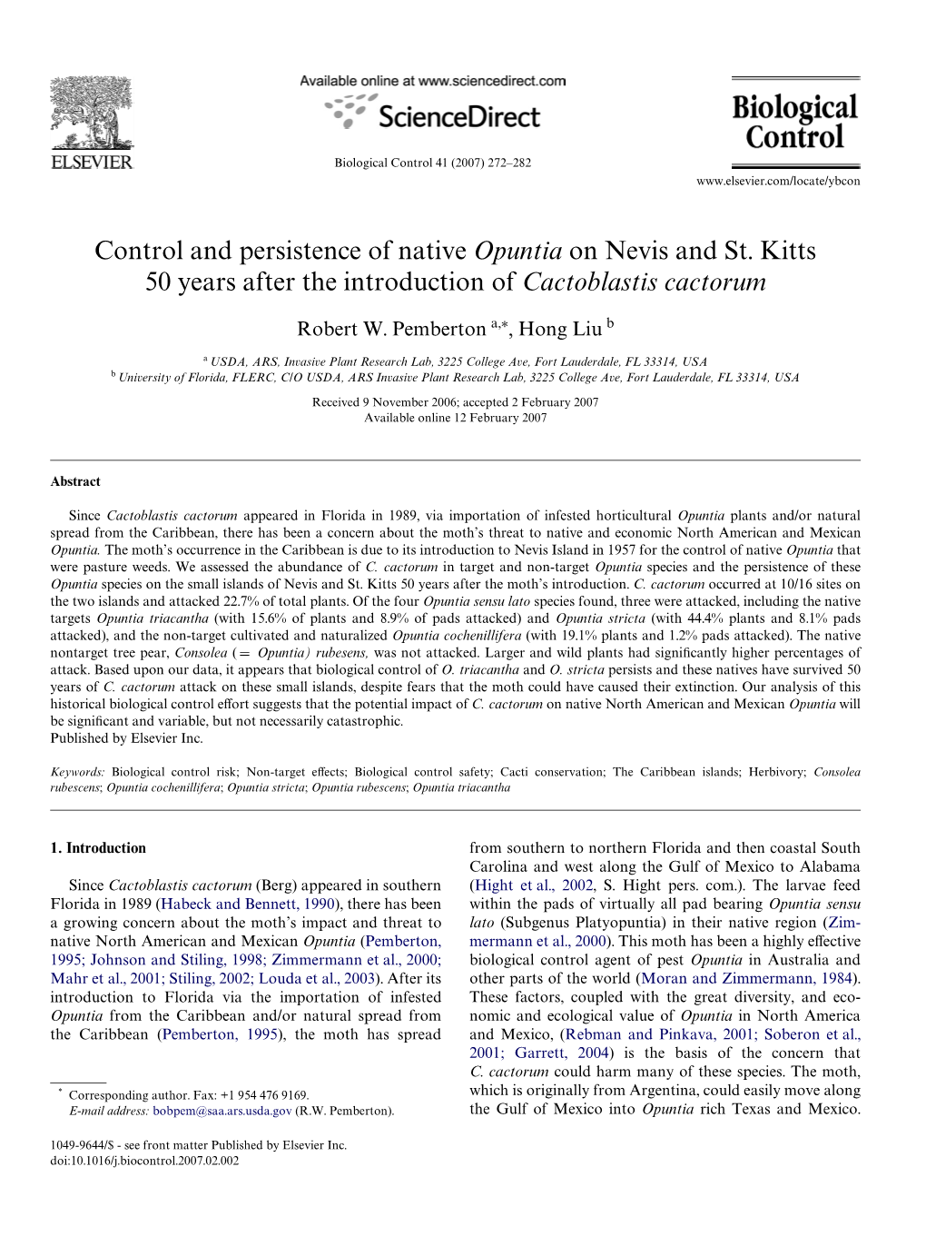 Control and Persistence of Native Opuntia on Nevis and St. Kitts 50 Years After the Introduction of Cactoblastis Cactorum