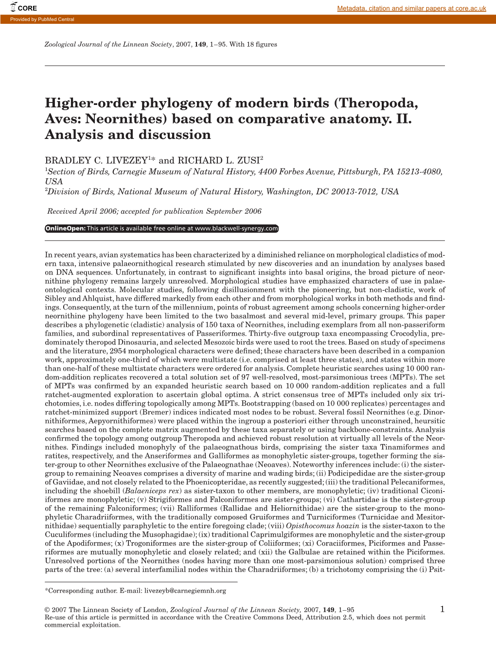 Higher-Order Phylogeny of Modern Birds (Theropoda, Aves: Neornithes) Based on Comparative Anatomy