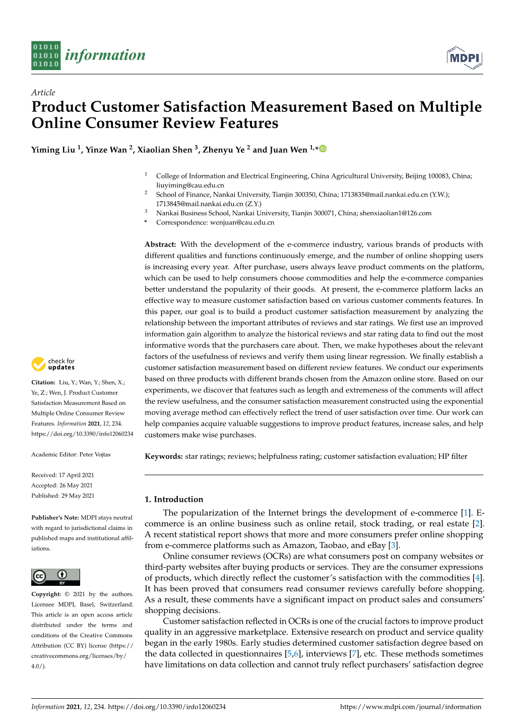 Product Customer Satisfaction Measurement Based on Multiple Online Consumer Review Features