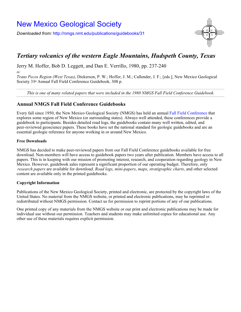 Tertiary Volcanics of the Western Eagle Mountains, Hudspeth County, Texas Jerry M