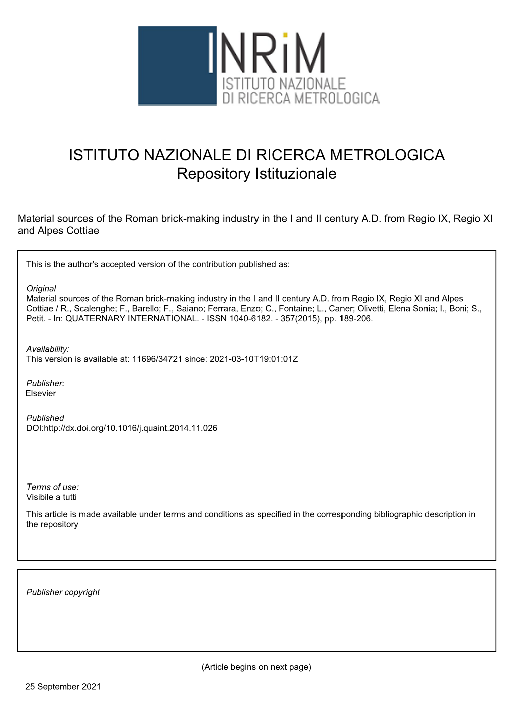 ISTITUTO NAZIONALE DI RICERCA METROLOGICA Repository Istituzionale