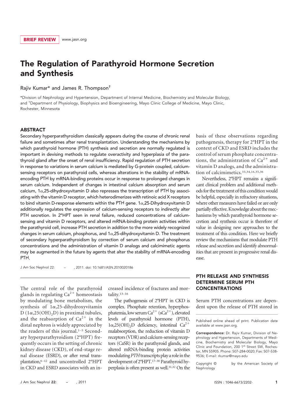 The Regulation of Parathyroid Hormone Secretion and Synthesis