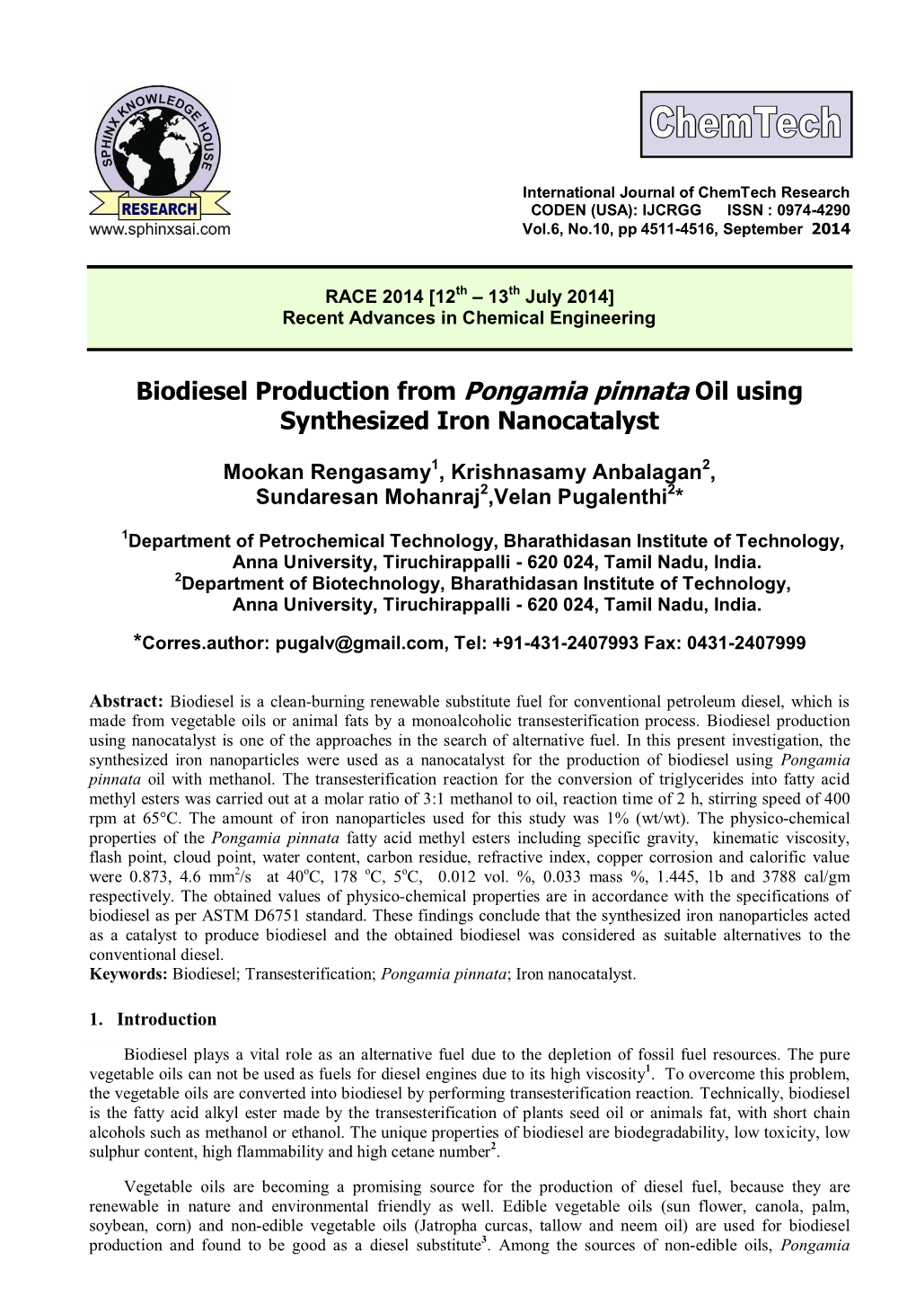 Biodiesel Production from Pongamia Pinnata Oil Using Synthesized Iron Nanocatalyst