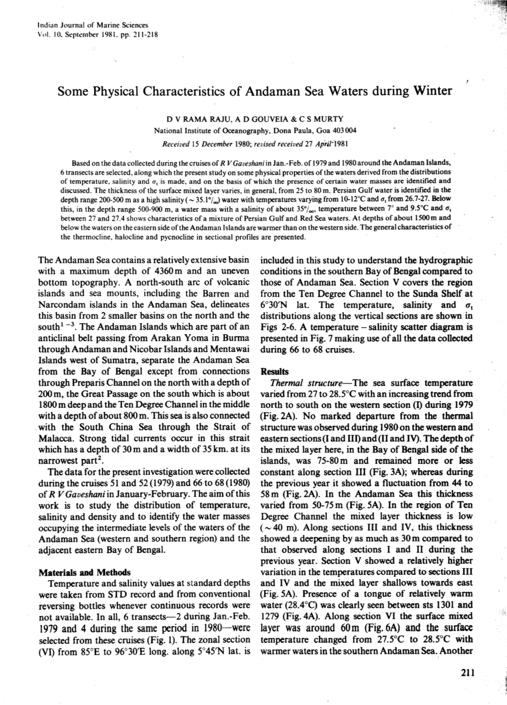 Some Physical Characteristics of Andaman Sea Waters During Winter