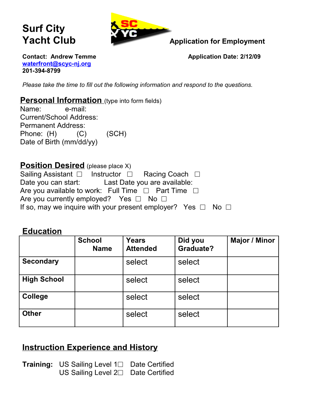 Surf City Yacht Club Application for Employment