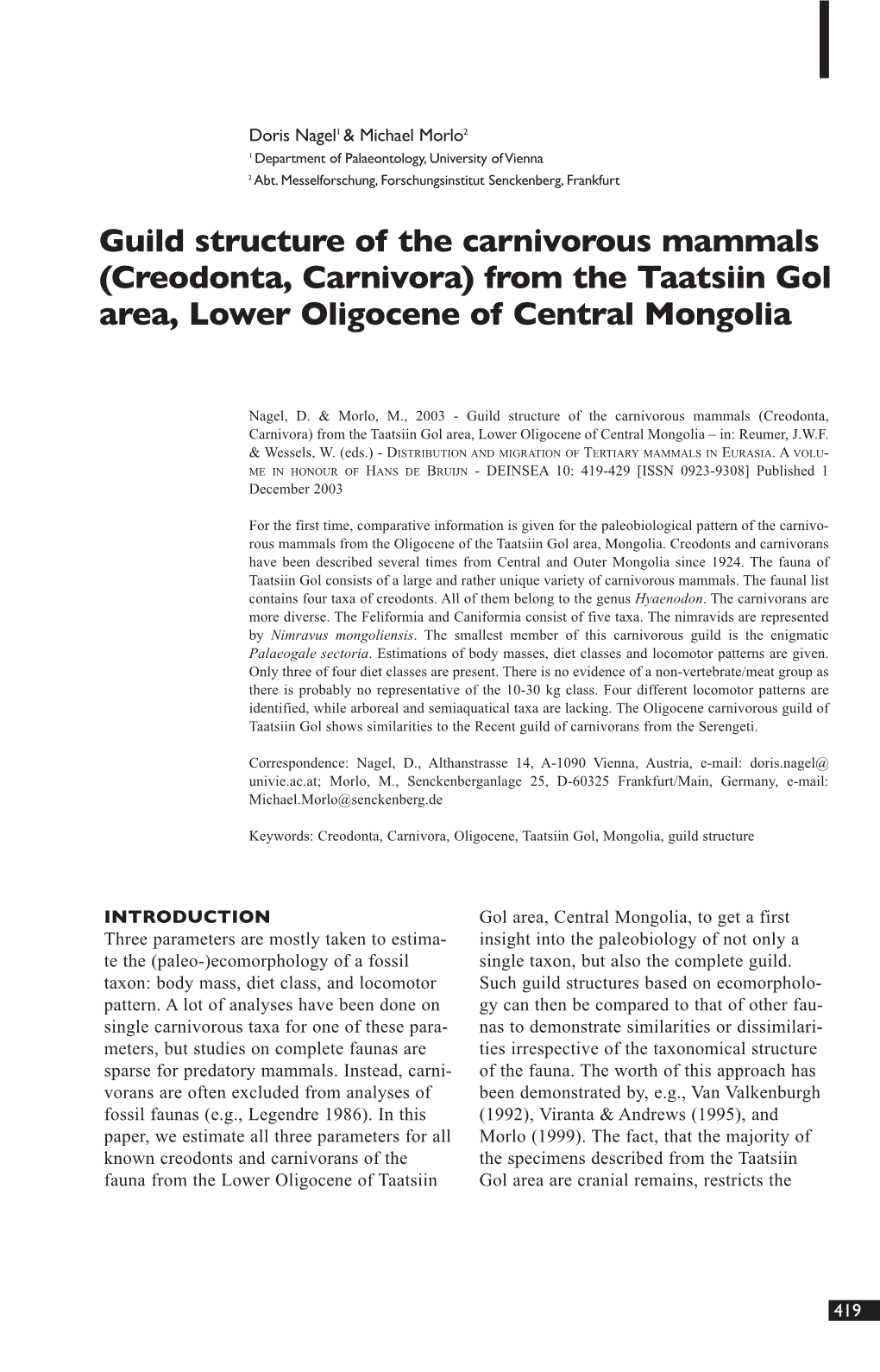 Guild Structure of the Carnivorous Mammals (Creodonta, Carnivora) from the Taatsiin Gol Area, Lower Oligocene of Central Mongolia