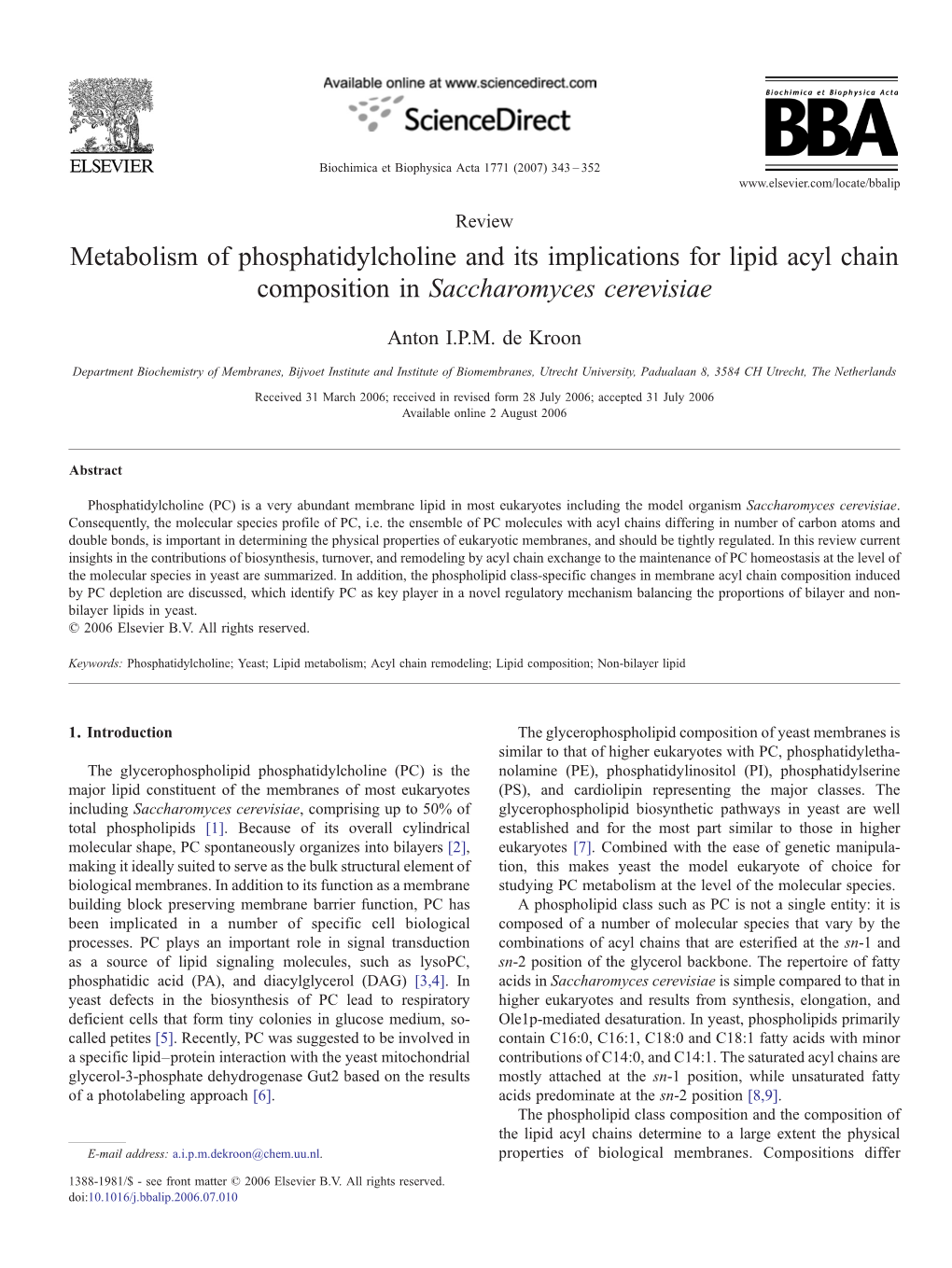 Metabolism of Phosphatidylcholine and Its Implications for Lipid Acyl Chain Composition in Saccharomyces Cerevisiae