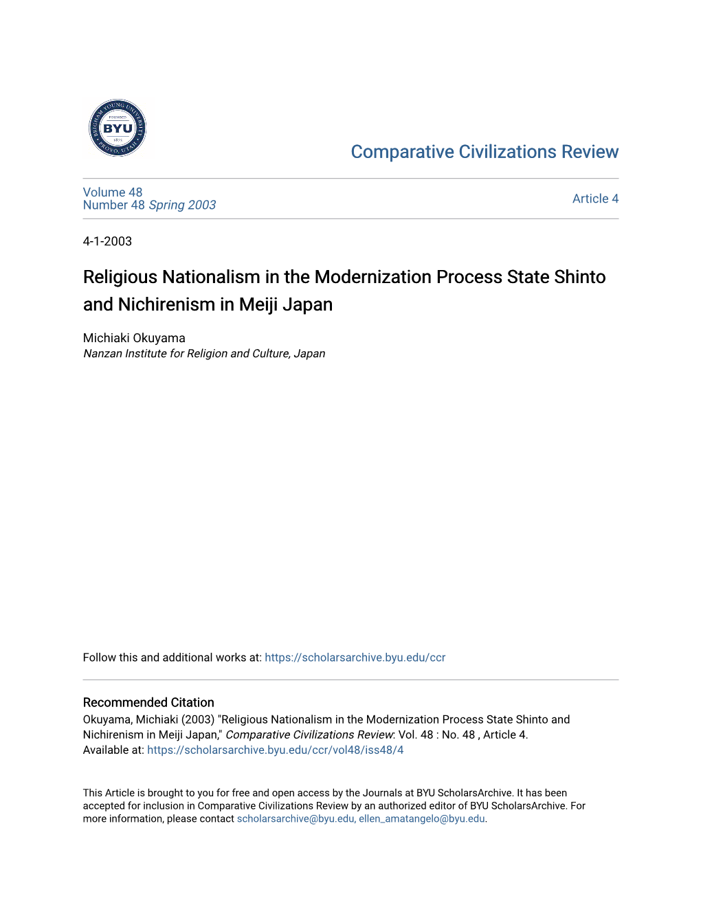 Religious Nationalism in the Modernization Process State Shinto and Nichirenism in Meiji Japan