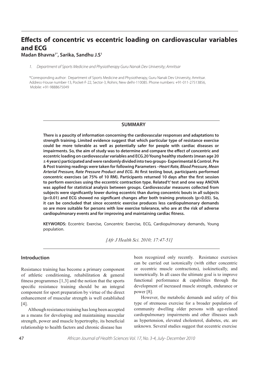 Effects of Concentric Vs Eccentric Loading on Cardiovascular Variables