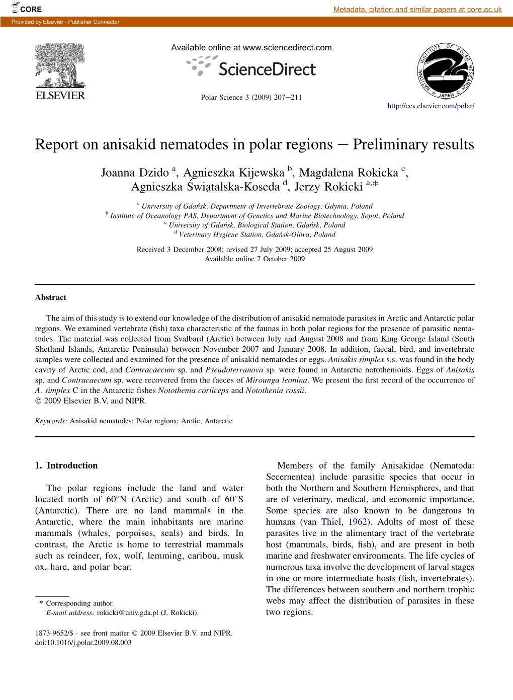 Report on Anisakid Nematodes in Polar Regions E Preliminary Results